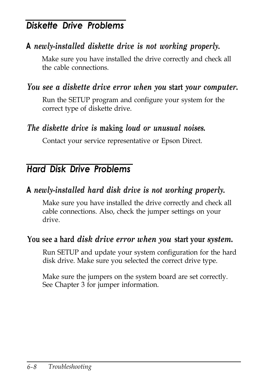 Diskette drive problems, Hard disk drive problems | Epson EL 486UC User Manual | Page 109 / 132