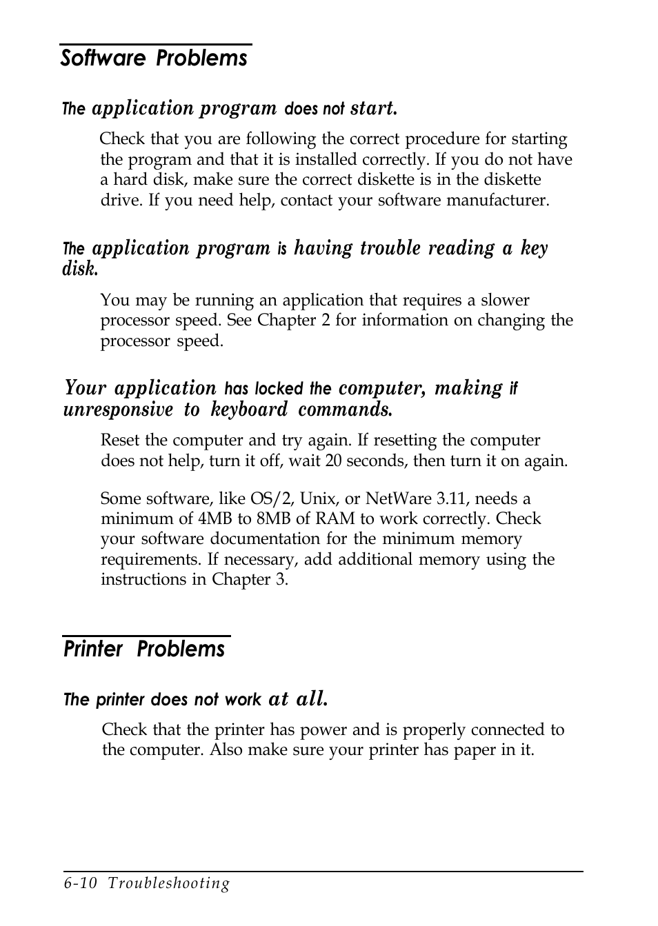 Software problems, Printer problems | Epson EL 486UC User Manual | Page 111 / 132