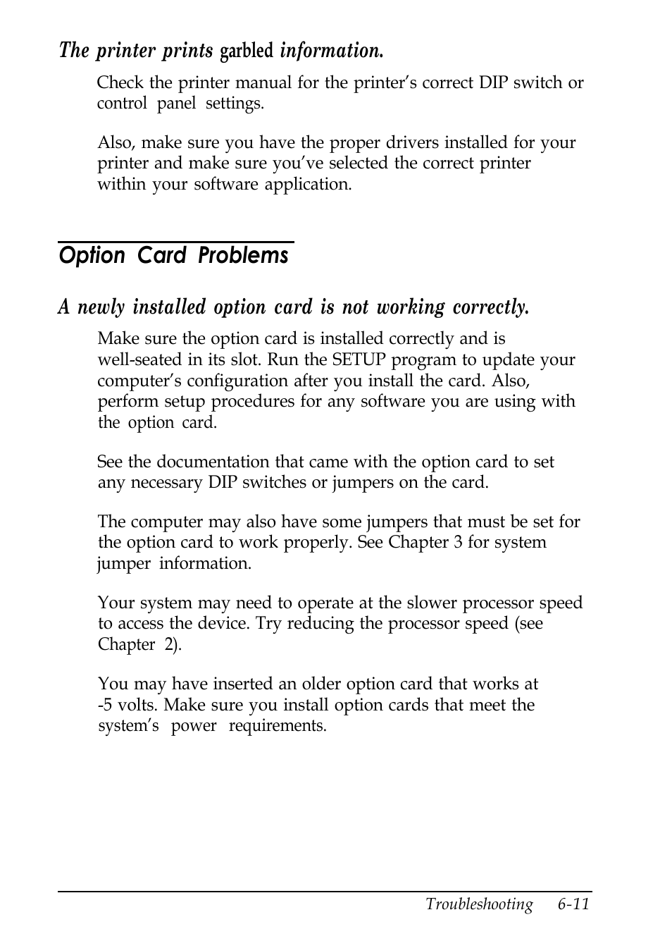 Option card problems, The printer prints garbled information | Epson EL 486UC User Manual | Page 112 / 132