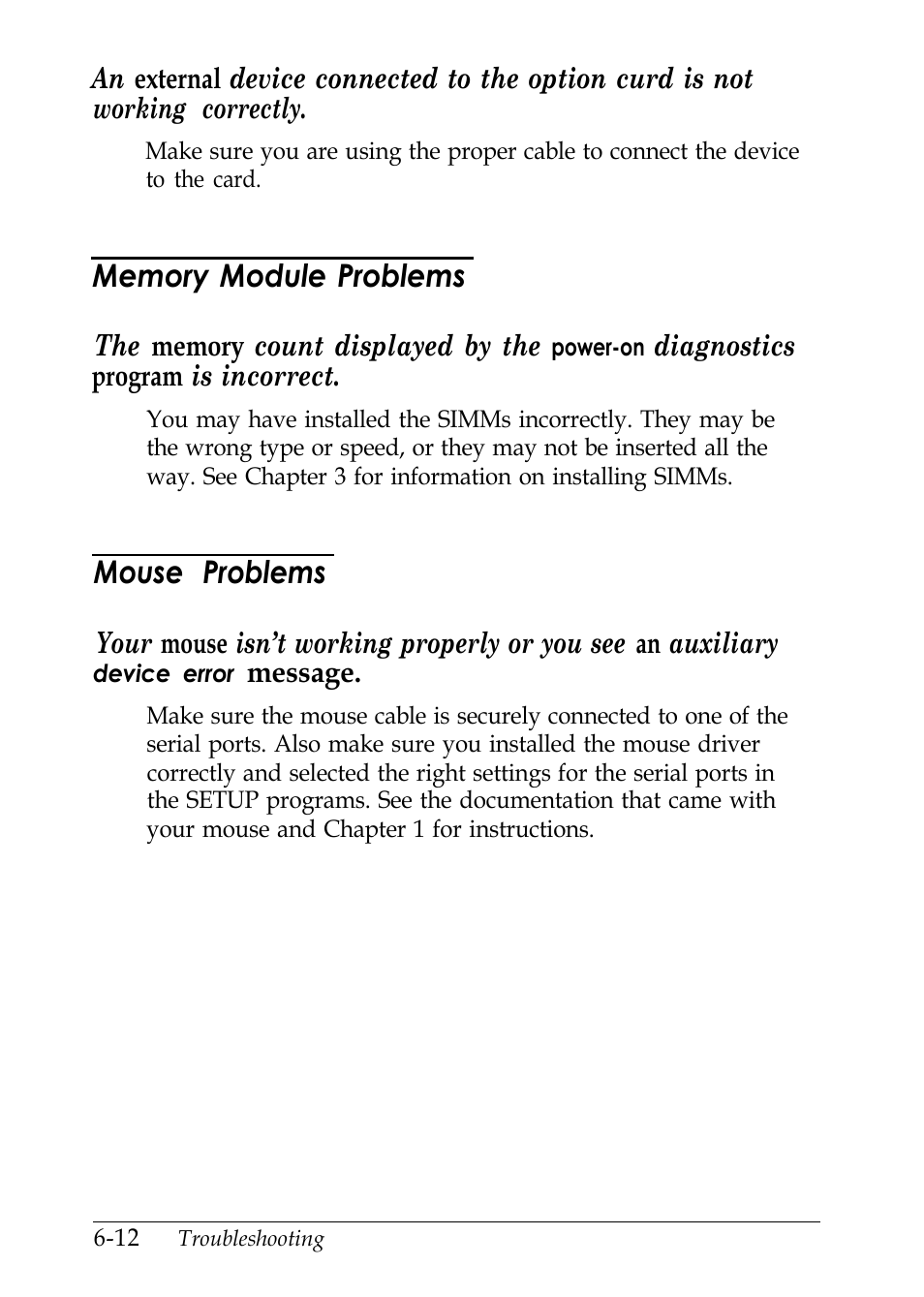 Memory module problems, Mouse problems | Epson EL 486UC User Manual | Page 113 / 132