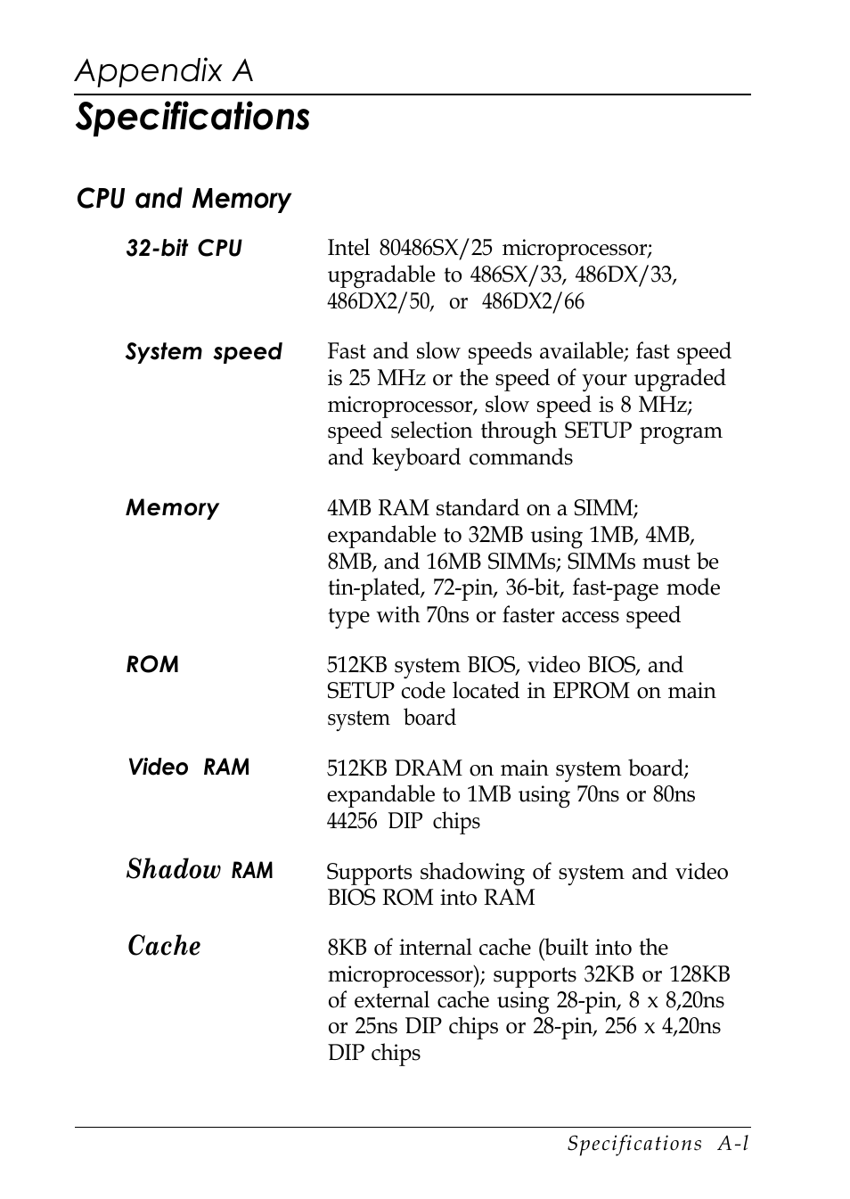 Appendix a-specifications, Cpu and memory, Specifications | Appendix a, Shadow, Cache | Epson EL 486UC User Manual | Page 115 / 132