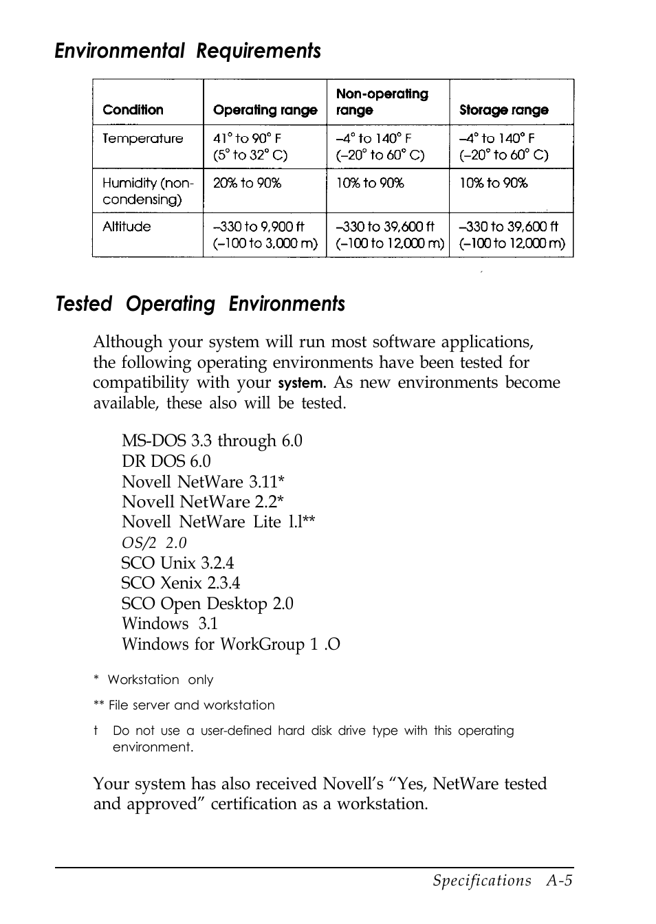 Environmental requirments, Tested operating environments | Epson EL 486UC User Manual | Page 119 / 132