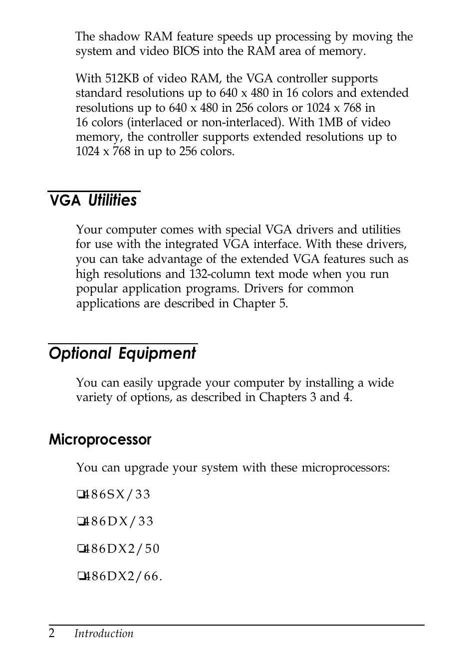 Vga utilities, Optional equipment, Microprocessor | Utilities | Epson EL 486UC User Manual | Page 13 / 132