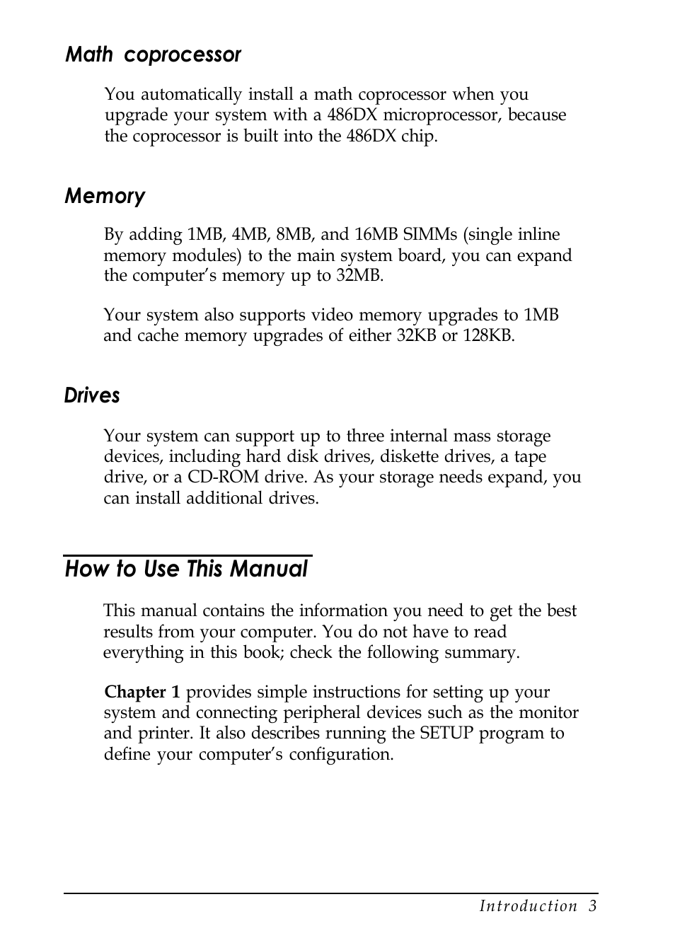 Math coprocessor, Memory, Drives | How to use this manual | Epson EL 486UC User Manual | Page 14 / 132