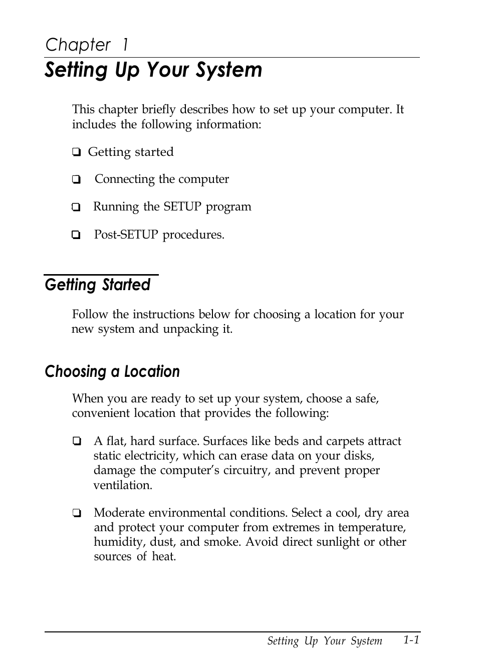 Chap 1-setting up your system, Getting started, Choosing a location | Setting up your system, Chapter 1 | Epson EL 486UC User Manual | Page 17 / 132