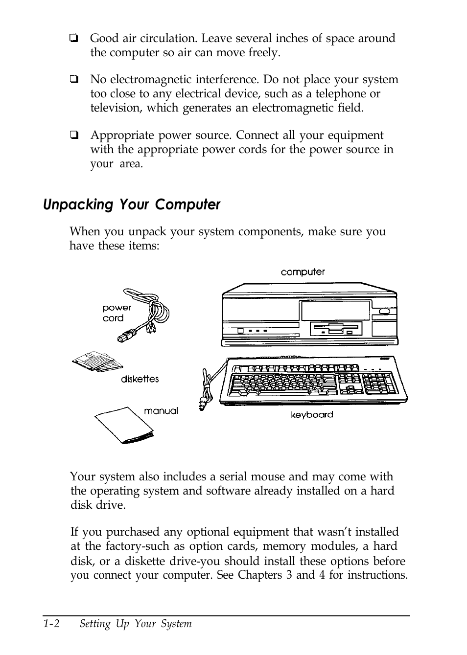 Unpacking your computer | Epson EL 486UC User Manual | Page 18 / 132