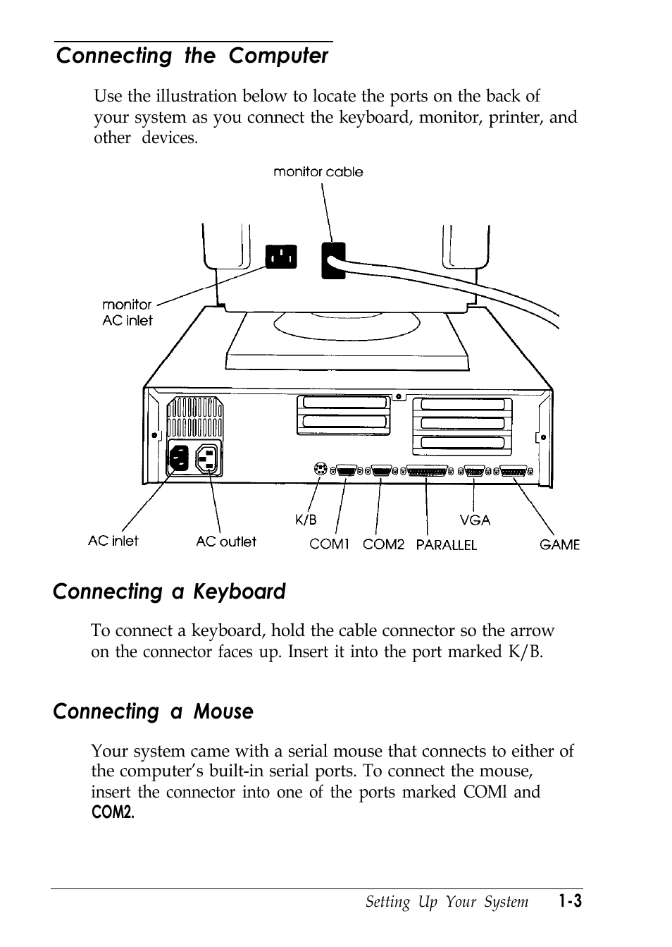 Connecting the computer, Connecting a keyboard, Connecting a mouse | Epson EL 486UC User Manual | Page 19 / 132