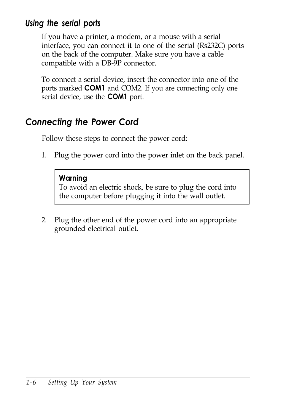 Connecting the power cord, Using the serial ports | Epson EL 486UC User Manual | Page 22 / 132