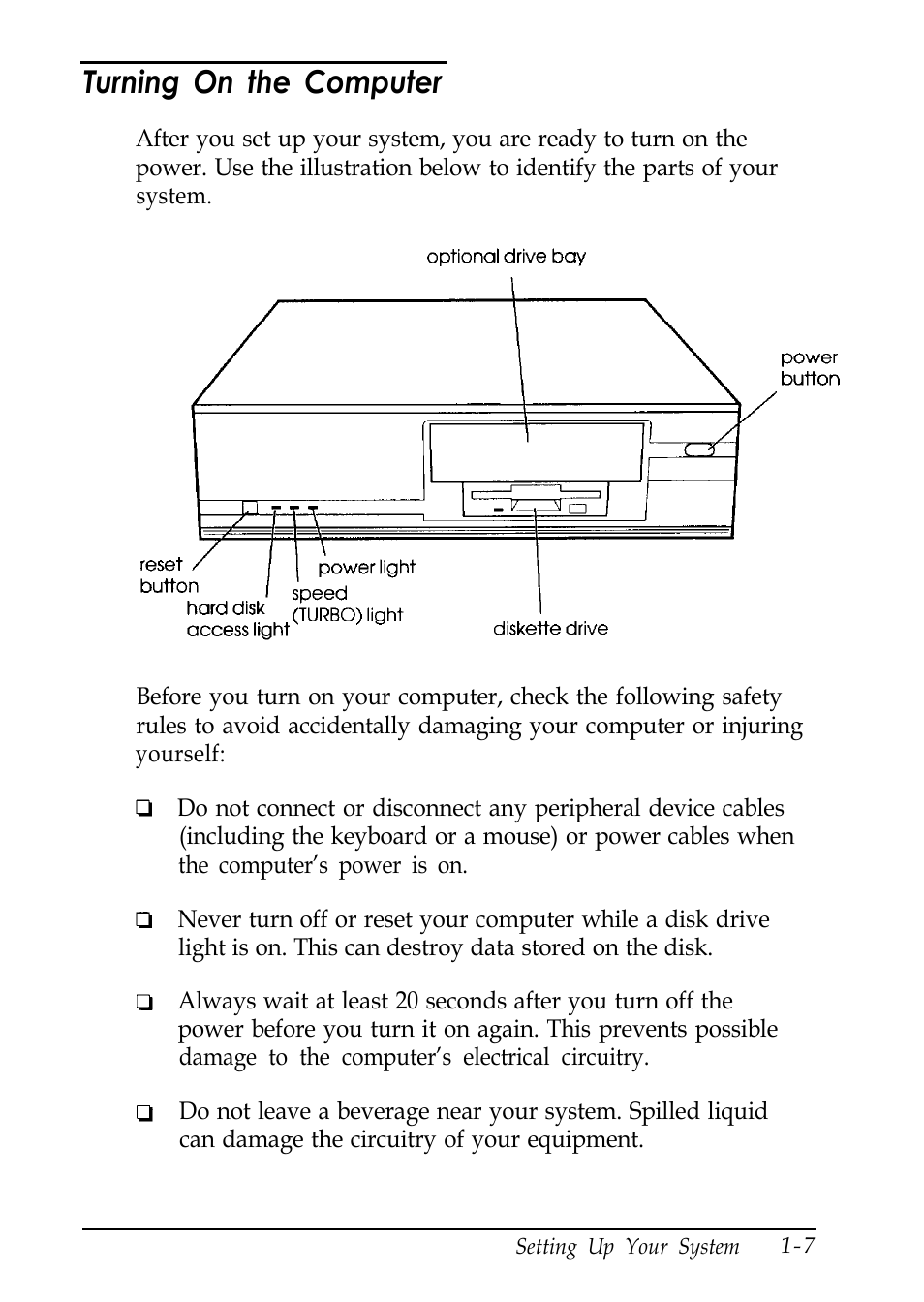 Turning on the computer | Epson EL 486UC User Manual | Page 23 / 132