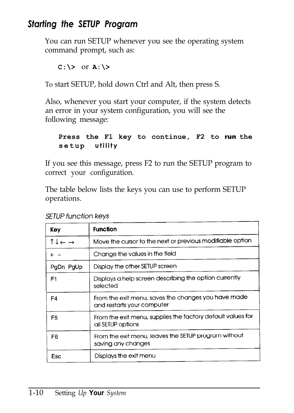 Starting the setup program, L-10 | Epson EL 486UC User Manual | Page 26 / 132