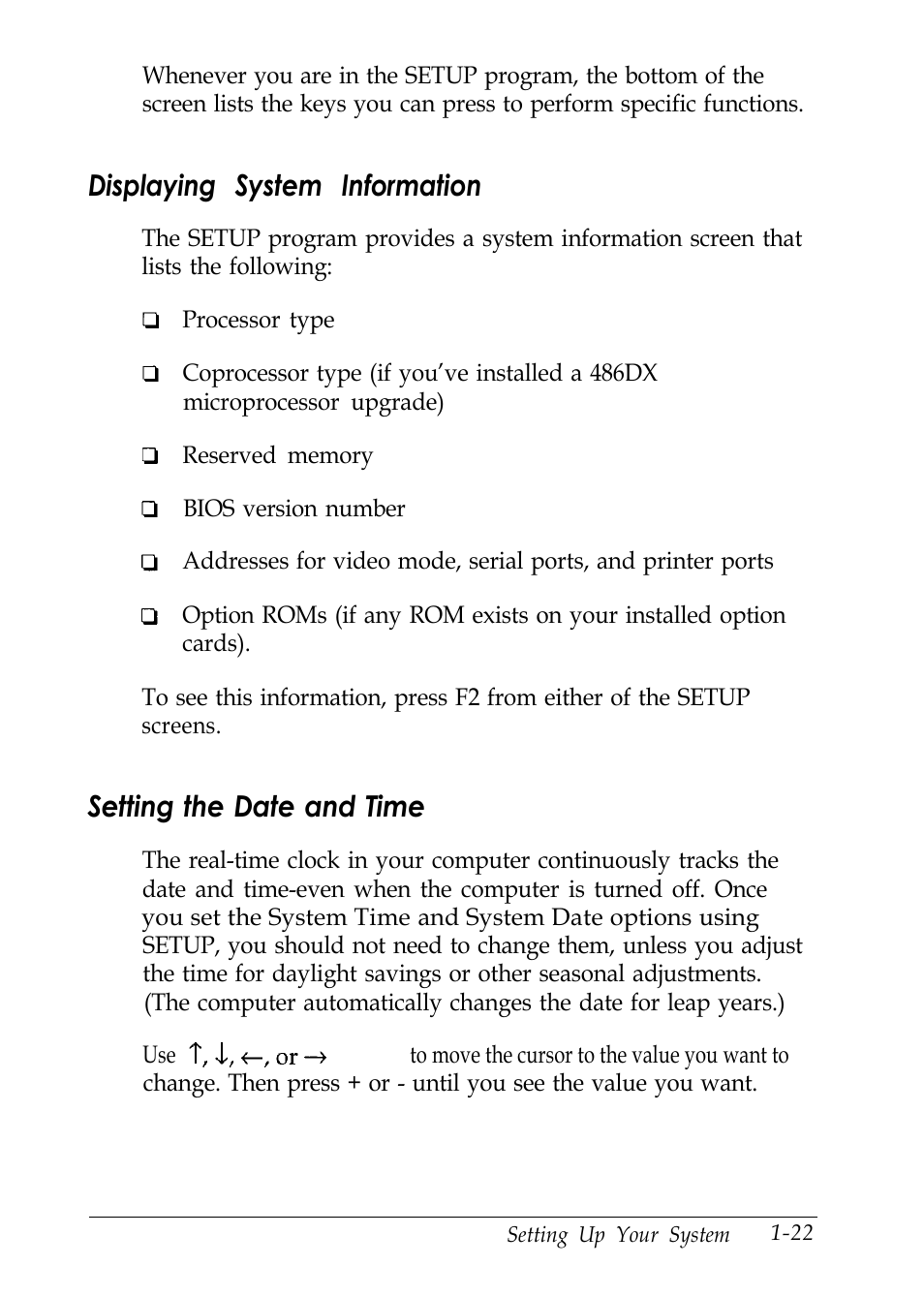 Displaying system information, Setting the date and time, L-11 | Epson EL 486UC User Manual | Page 27 / 132