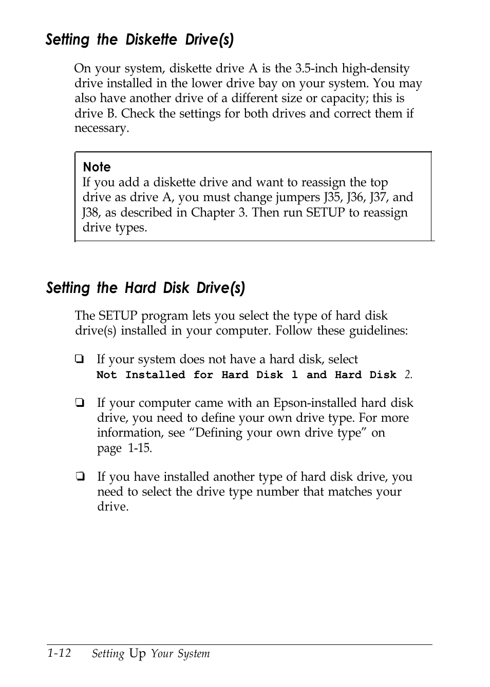 Setting the diskette drive(s), Setting the hard disk drive(s), L-12 | Epson EL 486UC User Manual | Page 28 / 132