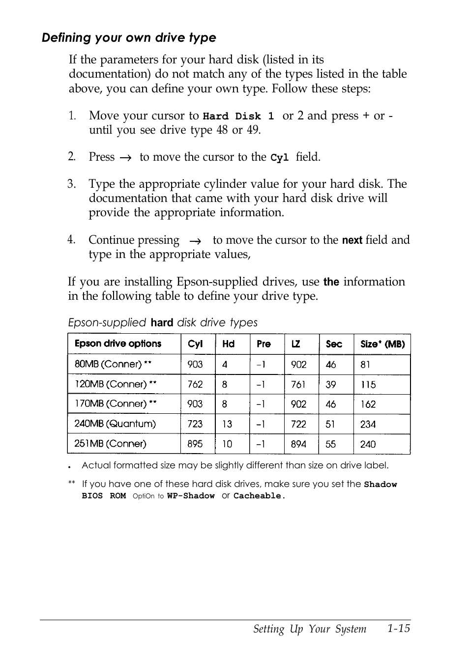 Defining your own drive type | Epson EL 486UC User Manual | Page 31 / 132