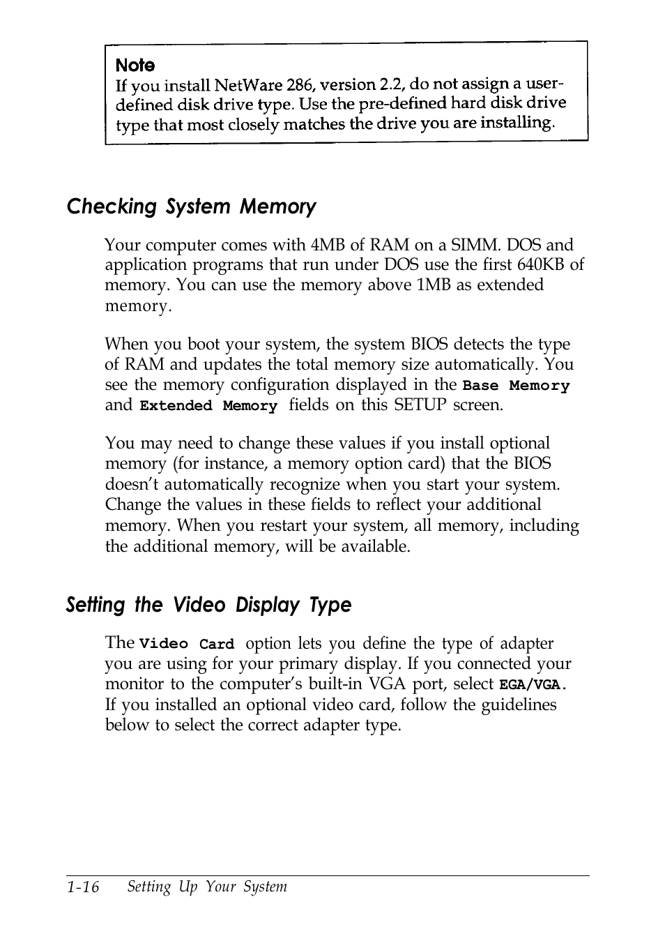 Checking system memory, Setting the video display type, L-16 | Epson EL 486UC User Manual | Page 32 / 132