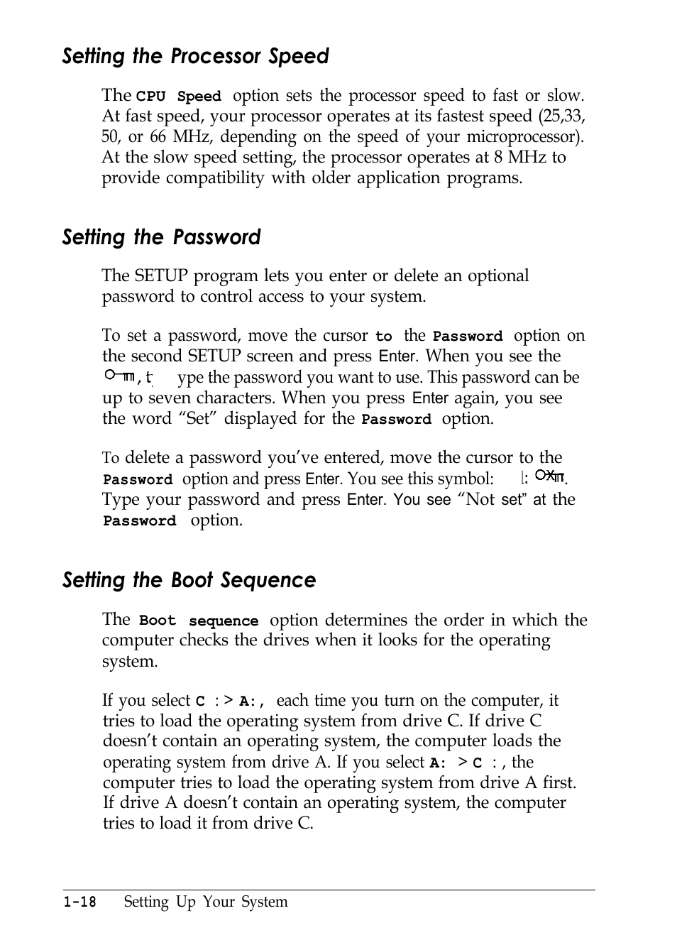 Setting the processor speed, Setting the password, Setting the boot sequence | L-18 | Epson EL 486UC User Manual | Page 34 / 132