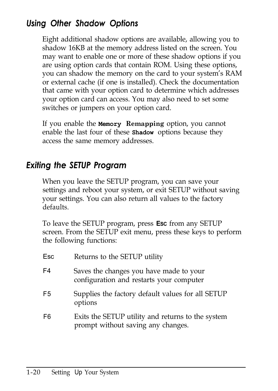 Using other shadow options, Exiting the setup program, L-20 | Epson EL 486UC User Manual | Page 36 / 132