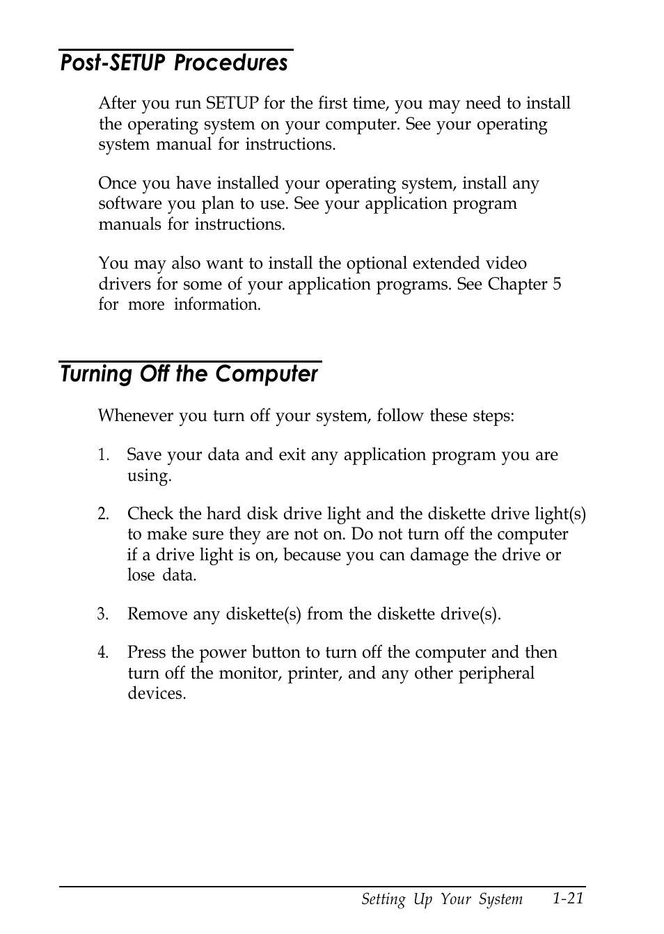 Post-setup procedures, Turning off the computer, L-21 | Epson EL 486UC User Manual | Page 37 / 132