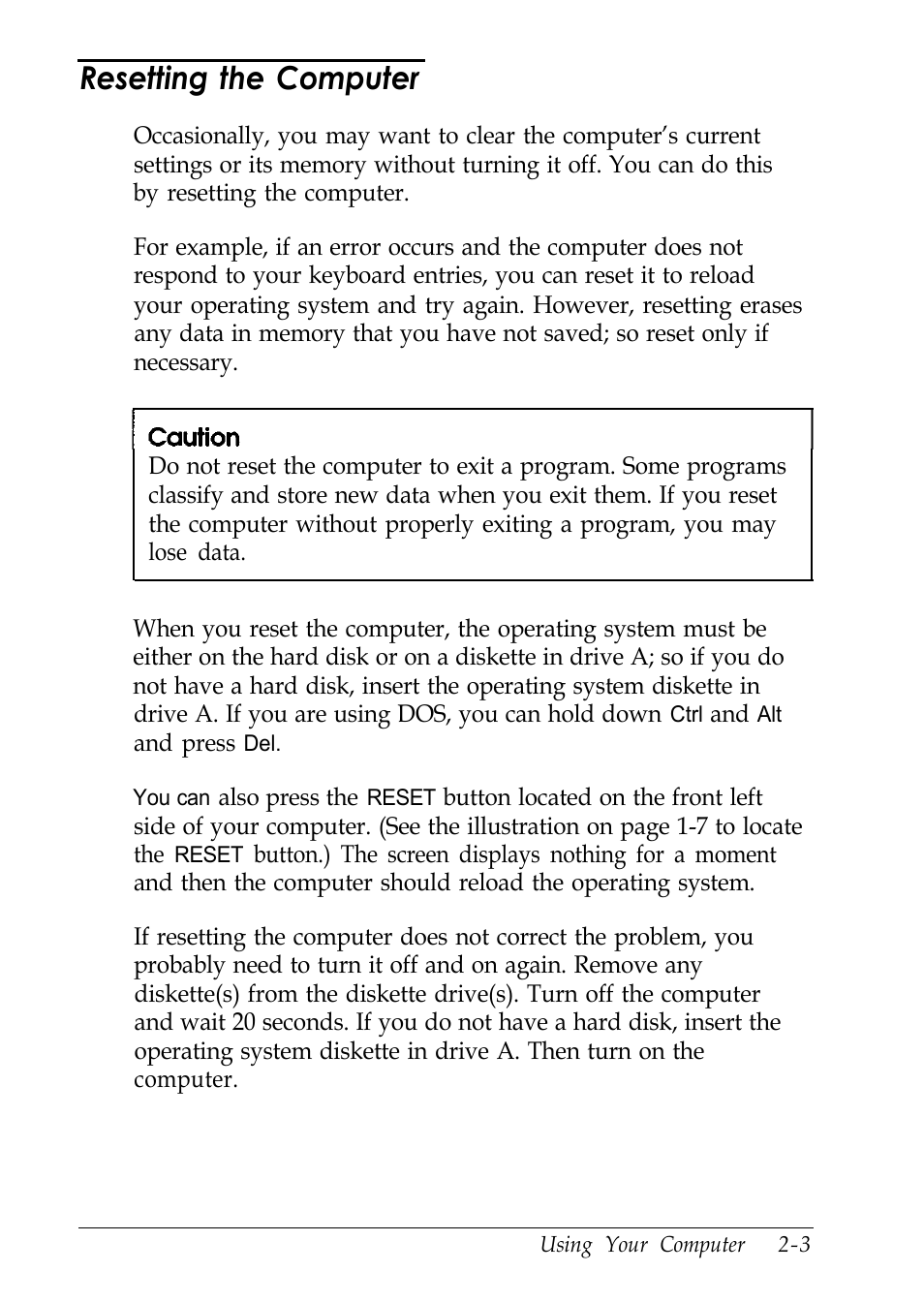 Resetting the computer | Epson EL 486UC User Manual | Page 40 / 132