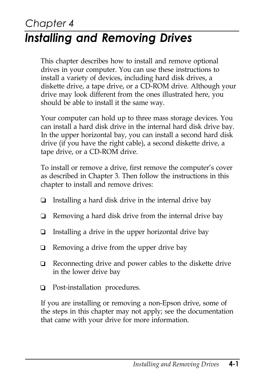 Chap 4-installing and removing drives, Lnstalling and removing drives, Chapter 4 | Epson EL 486UC User Manual | Page 74 / 132