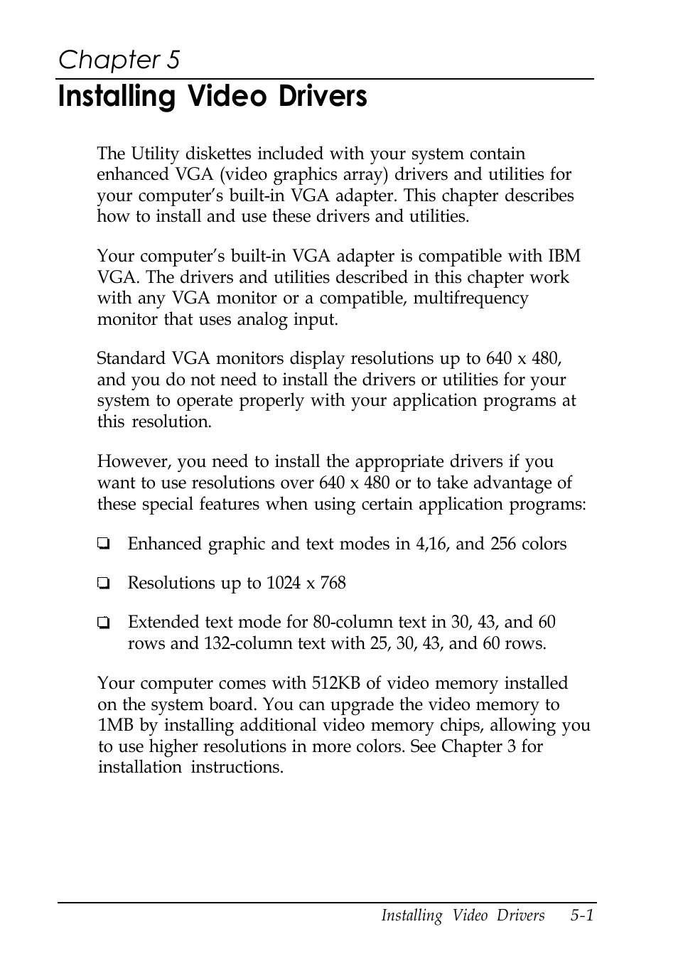 Chap 5-installing video drives, Installing video drivers, Chapter 5 | Epson EL 486UC User Manual | Page 94 / 132