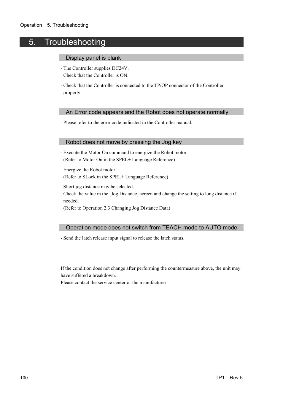 Troubleshooting, Display panel is blank, Robot does not move by pressing the jog key | Epson TP1 User Manual | Page 110 / 112