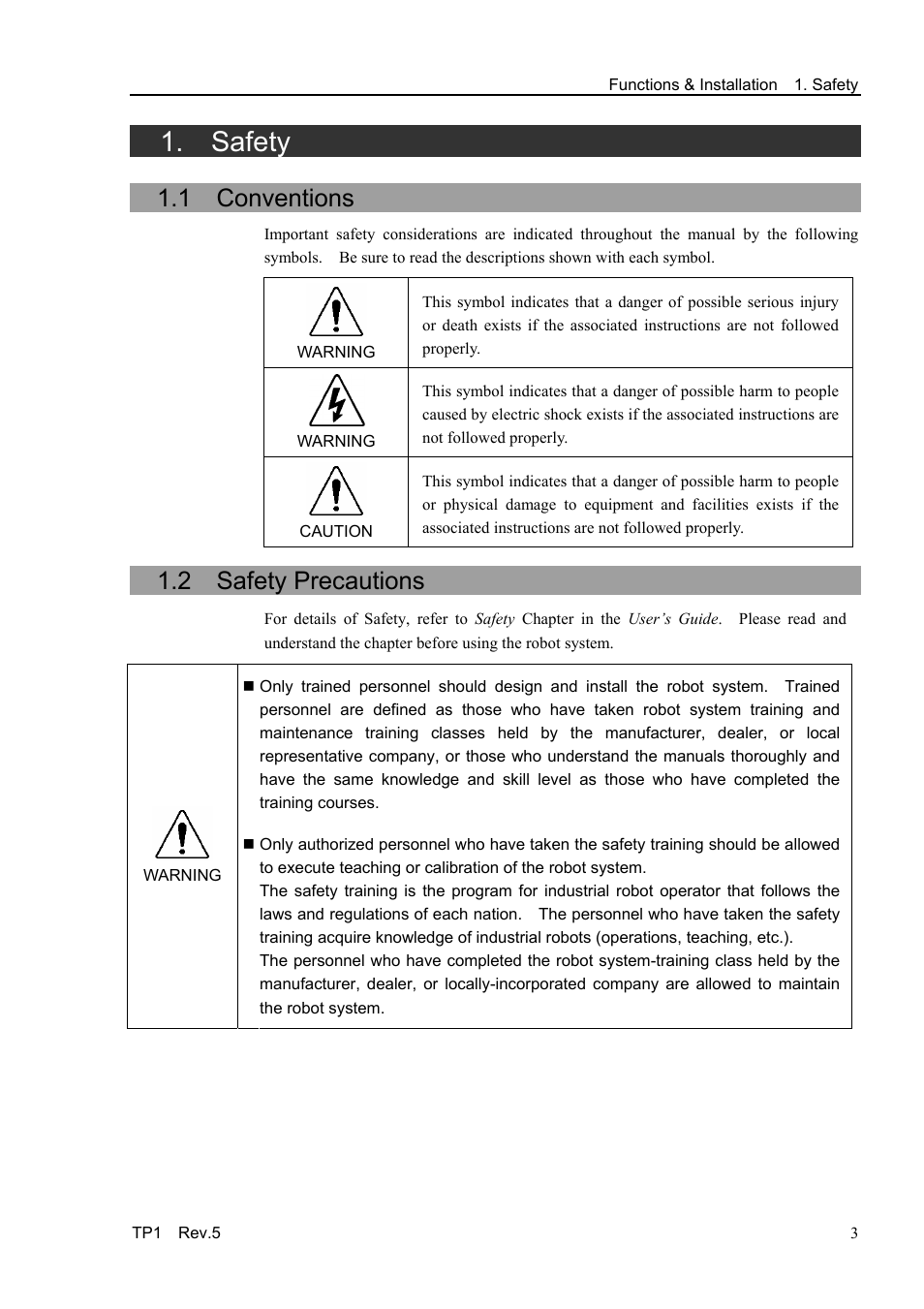 Safety, 1 conventions, 2 safety precautions | Epson TP1 User Manual | Page 13 / 112
