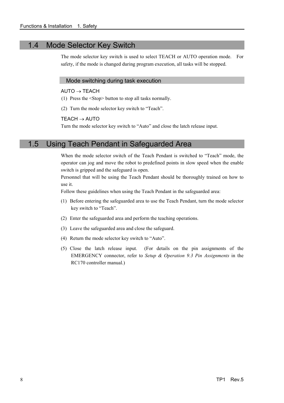 4 mode selector key switch, Mode switching during task execution, 5 using teach pendant in safeguarded area | Epson TP1 User Manual | Page 18 / 112