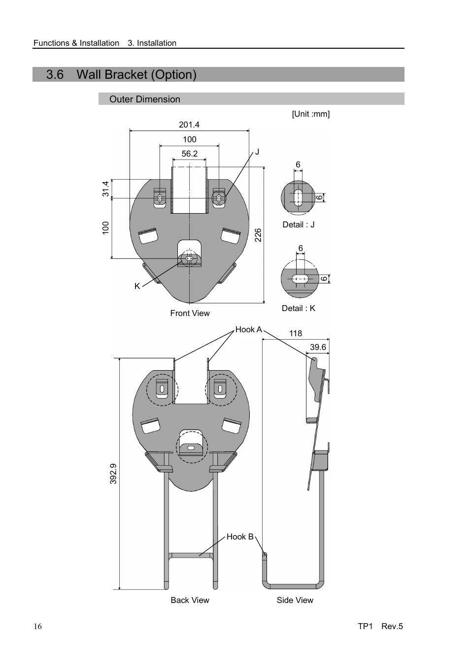 6 wall bracket (option), Outer dimension | Epson TP1 User Manual | Page 26 / 112