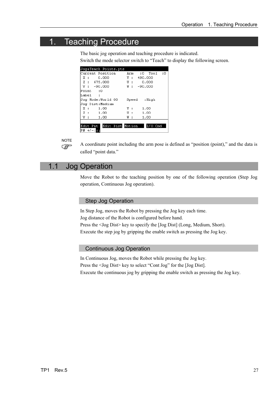 Teaching procedure, 1 jog operation, Step jog operation | Continuous jog operation | Epson TP1 User Manual | Page 37 / 112
