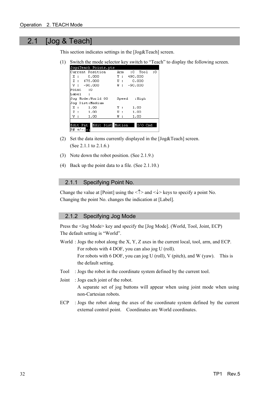 1 [jog & teach, 1 specifying point no, 2 specifying jog mode | Epson TP1 User Manual | Page 42 / 112