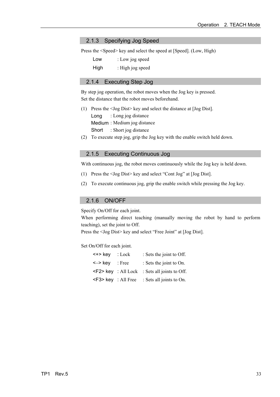 3 specifying jog speed, 4 executing step jog, 5 executing continuous jog | 6 on/off | Epson TP1 User Manual | Page 43 / 112