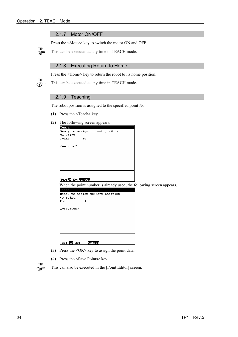 7 motor on/off, 8 executing return to home, 9 teaching | Epson TP1 User Manual | Page 44 / 112