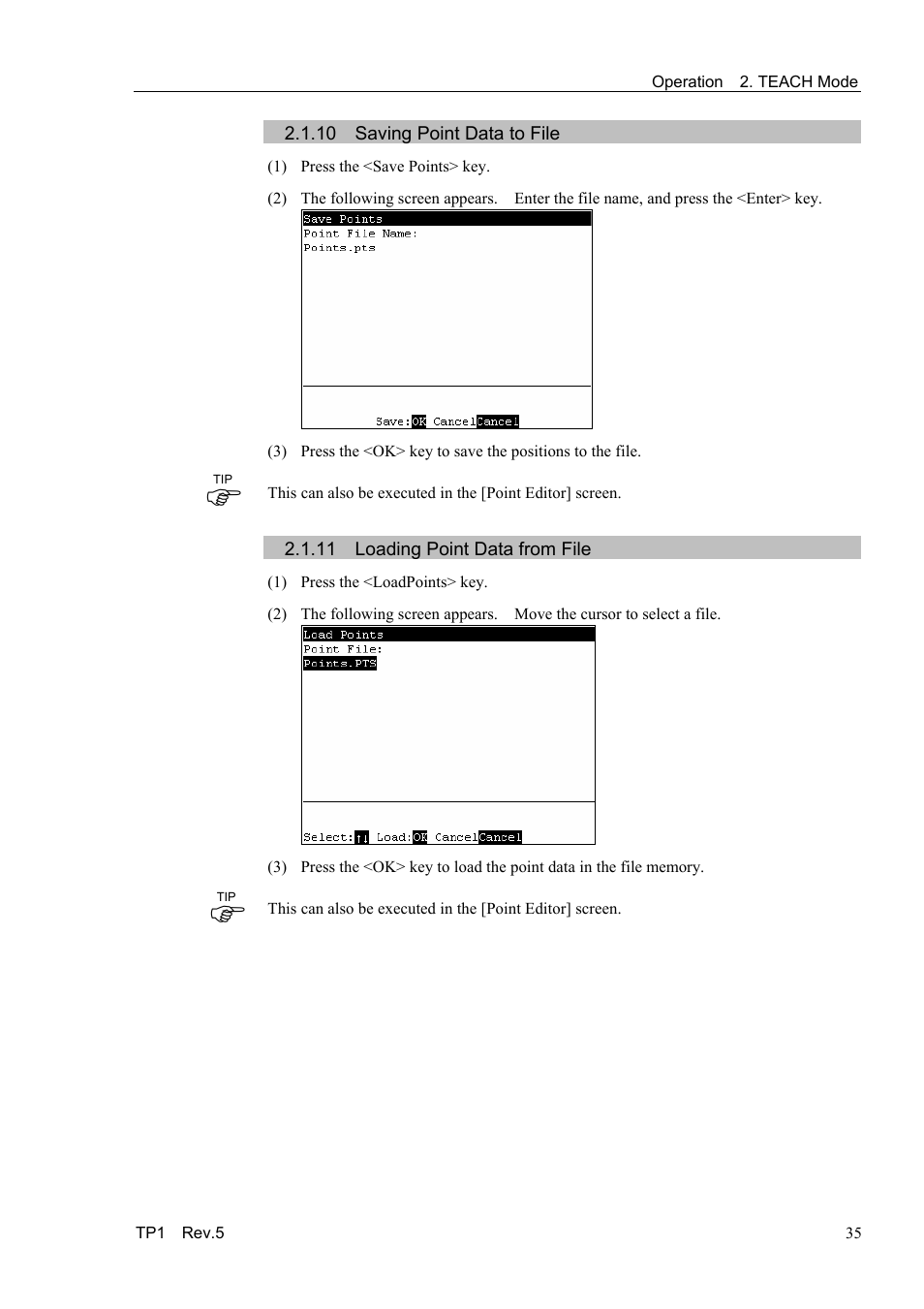 10 saving point data to file, 11 loading point data from file | Epson TP1 User Manual | Page 45 / 112