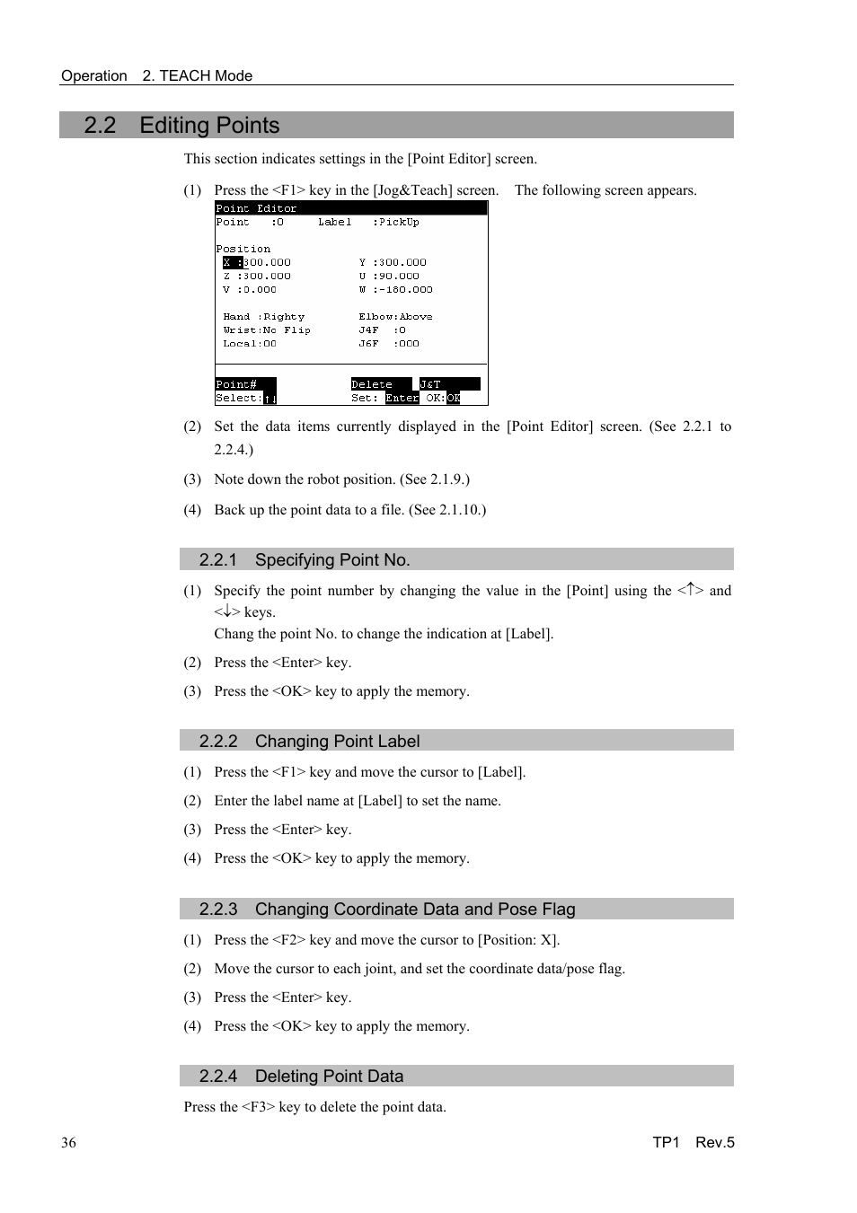 2 editing points, 1 specifying point no, 2 changing point label | 3 changing coordinate data and pose flag, 4 deleting point data | Epson TP1 User Manual | Page 46 / 112