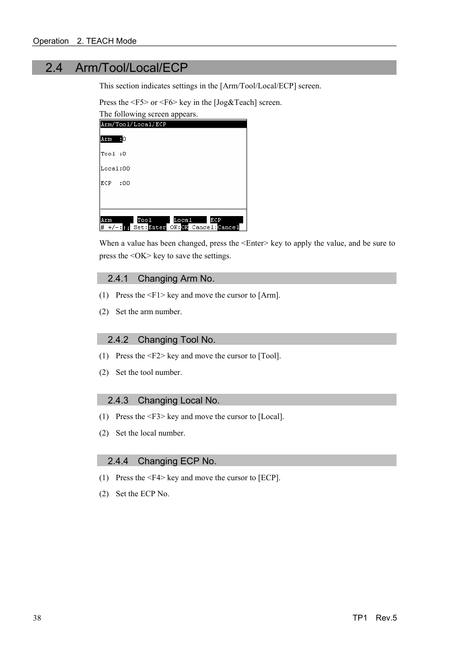 4 arm/tool/local/ecp, 1 changing arm no, 2 changing tool no | 3 changing local no, 4 changing ecp no | Epson TP1 User Manual | Page 48 / 112