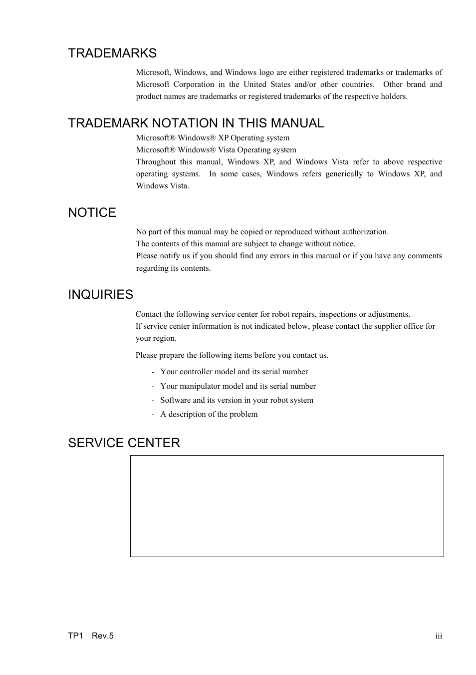 Trademarks, Trademark notation in this manual, Notice | Inquiries, Service center | Epson TP1 User Manual | Page 5 / 112