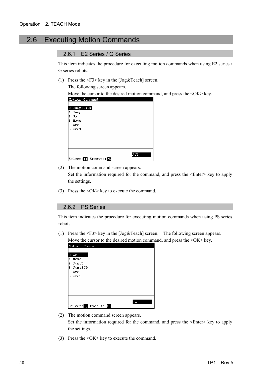 6 executing motion commands, 1 e2 series / g series, 2 ps series | Epson TP1 User Manual | Page 50 / 112