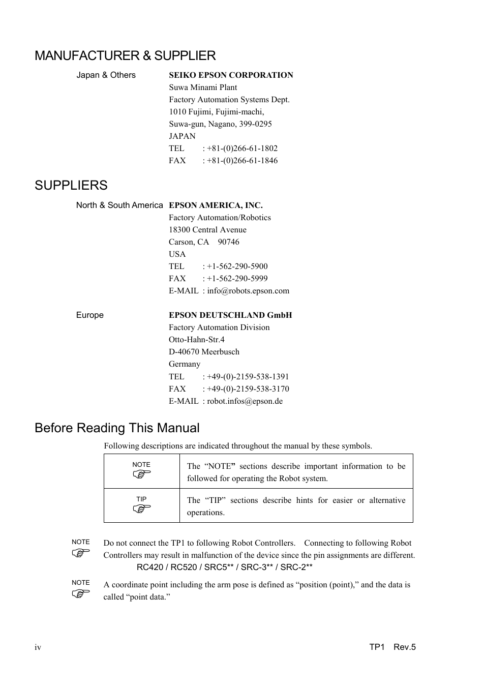 Manufacturer & supplier, Suppliers, Before reading this manual | Epson TP1 User Manual | Page 6 / 112