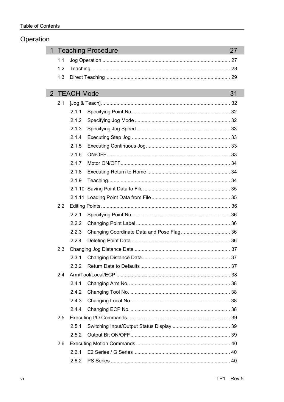 Operation, 1 teaching procedure, 2 teach mode | Operation 1 teaching procedure 27, 2 teach mode 31 | Epson TP1 User Manual | Page 8 / 112