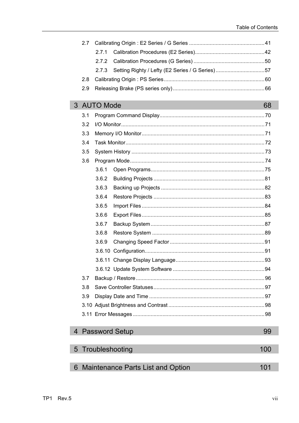 3 auto mode, 4 password setup, 5 troubleshooting | 6 maintenance parts list and option, 3 auto mode 68, 4 password setup 99, 5 troubleshooting 100, 6 maintenance parts list and option 101 | Epson TP1 User Manual | Page 9 / 112