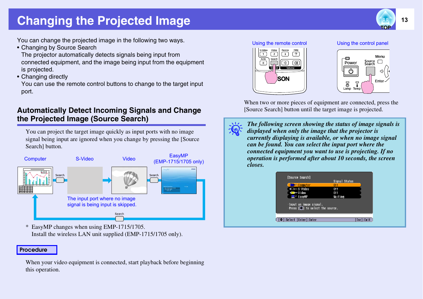 Changing the projected image, P.13, Automatically detect incoming signals and change | The projected image (source search) | Epson EMP-1715/1710 User Manual | Page 13 / 77