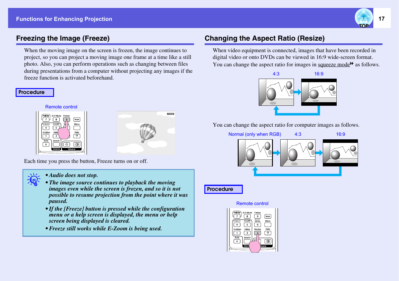 Freezing the image (freeze), Changing the aspect ratio (resize), P.17 | Changing the aspect ratiog (resize) | Epson EMP-1715/1710 User Manual | Page 17 / 77
