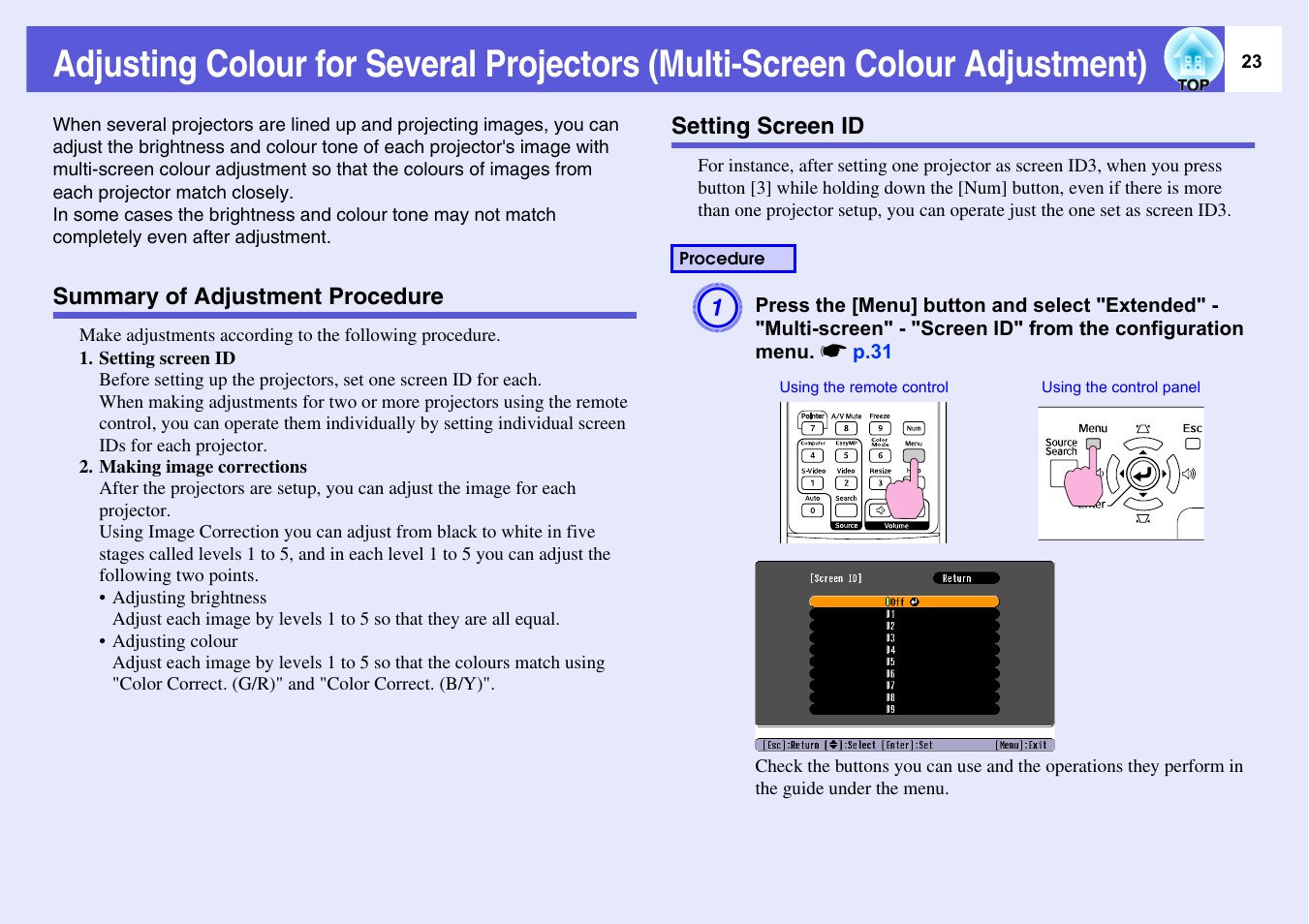Summary of adjustment procedure, Setting screen id, Summary of adjustment procedure setting screen id | Epson EMP-1715/1710 User Manual | Page 23 / 77