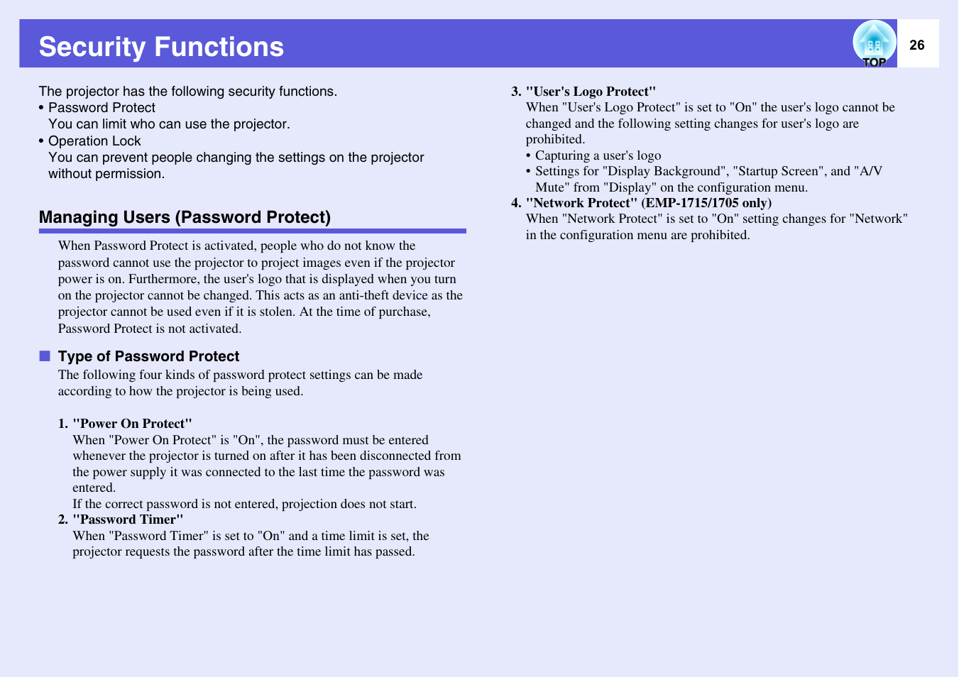 Security functions, Managing users (password protect), P.26 | Type of password protect | Epson EMP-1715/1710 User Manual | Page 26 / 77