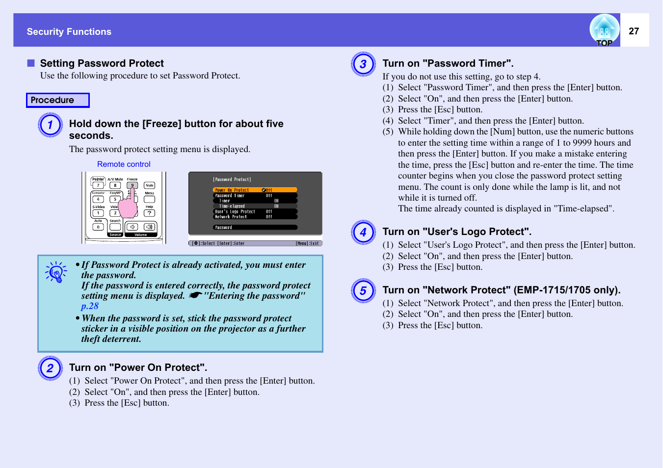 Setting password protect | Epson EMP-1715/1710 User Manual | Page 27 / 77