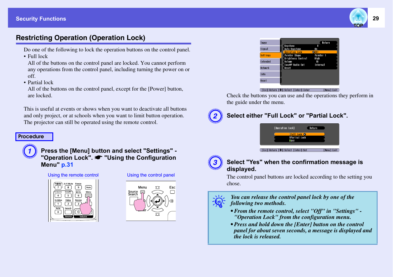 Restricting operation (operation lock) | Epson EMP-1715/1710 User Manual | Page 29 / 77