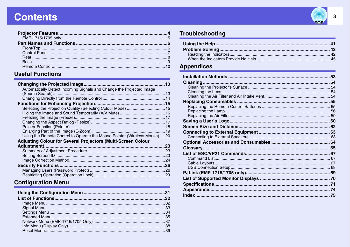 Epson EMP-1715/1710 User Manual | Page 3 / 77