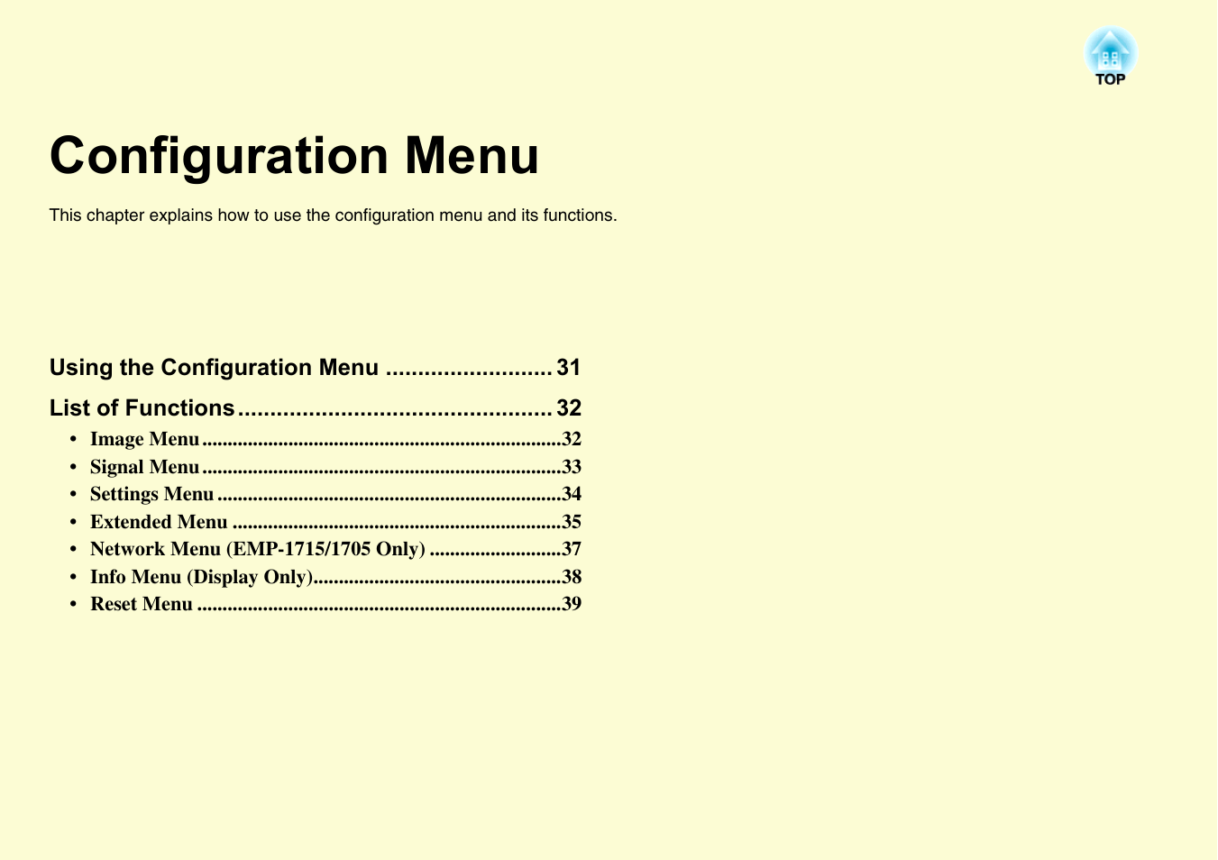 Configuration menu | Epson EMP-1715/1710 User Manual | Page 30 / 77