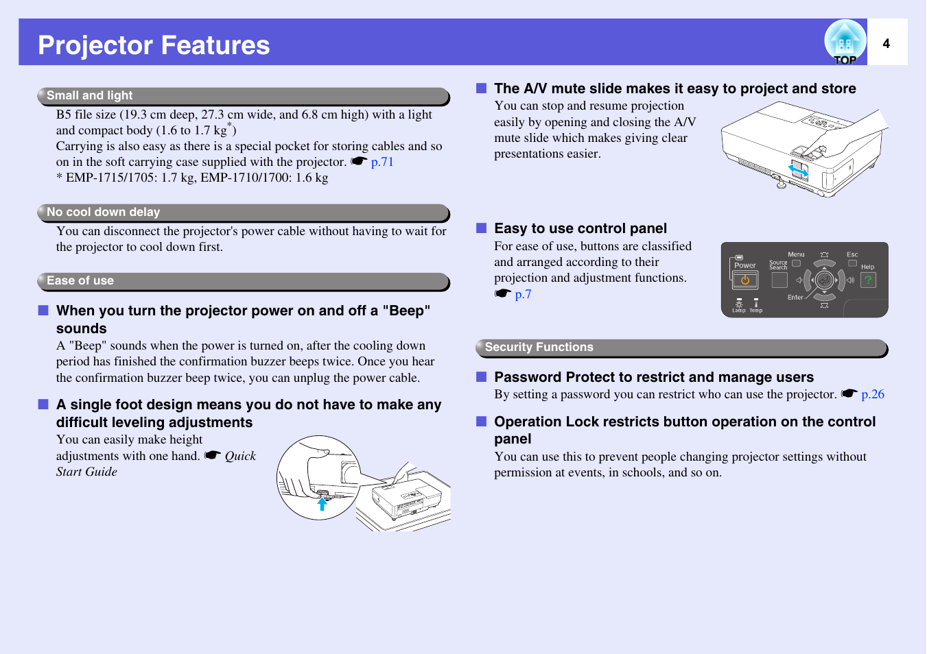 Projector features | Epson EMP-1715/1710 User Manual | Page 4 / 77