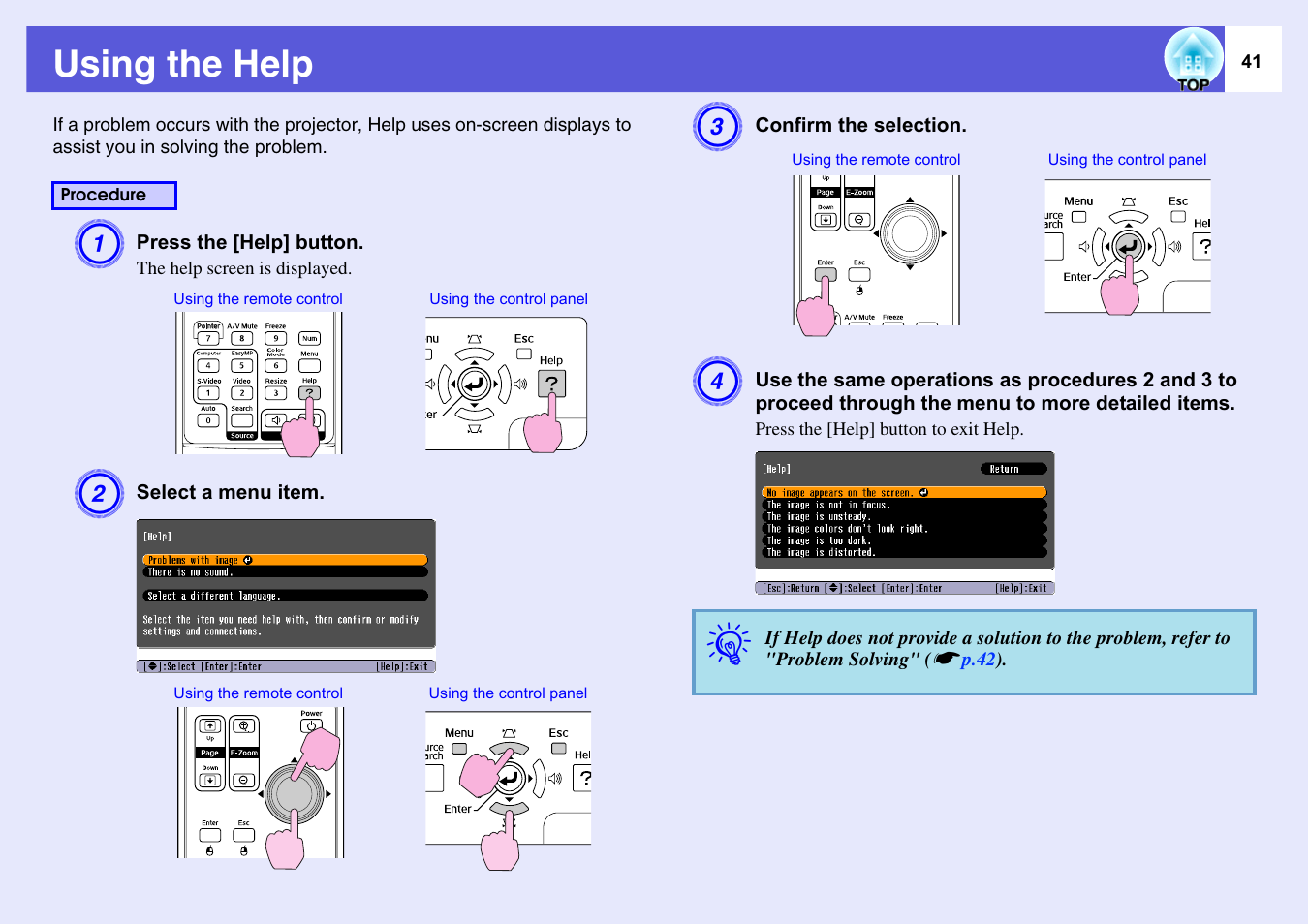 Using the help, P.41 | Epson EMP-1715/1710 User Manual | Page 41 / 77